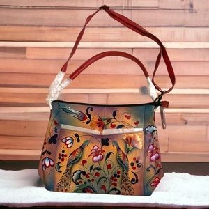 ANUSCHKA Turkish pottery peacock bird HAND PAINTED LEATHER CROSSBODY Bag Purse